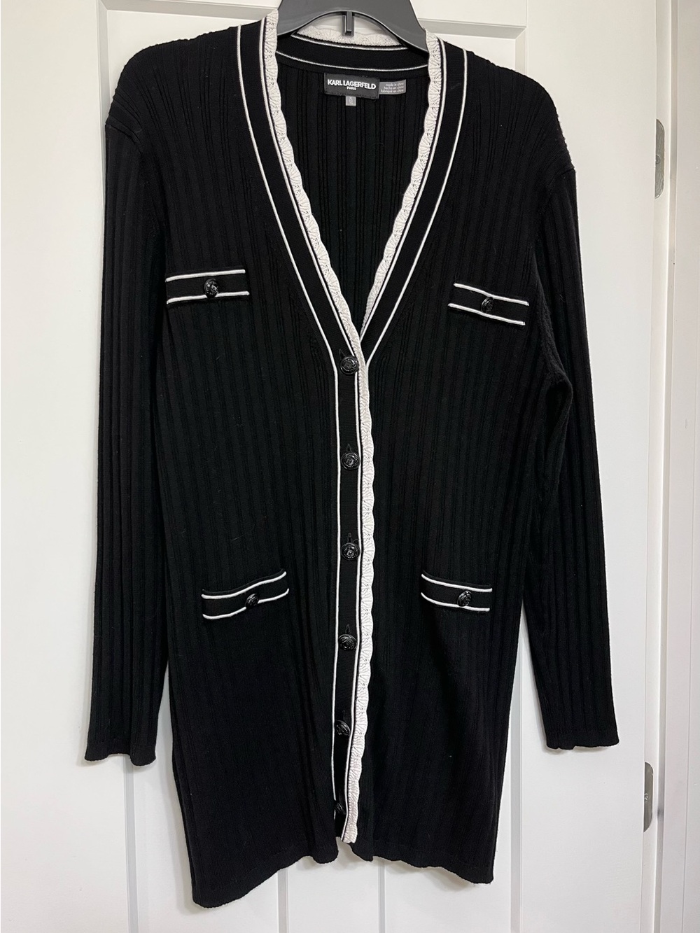 Karl Lagerfeld Black Cardigan with White Trim and Button Front